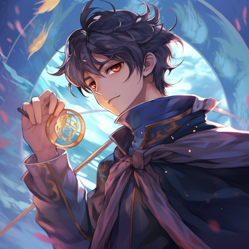 A side profile of a male anime magician, visible intricate jewelry, and magic aura enveloping him. mystical male anime pfp