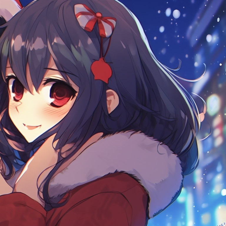 Two characters entwined in holiday lights, contrasting colors and playful expressions. festive matching anime christmas pfp pfp for discord.