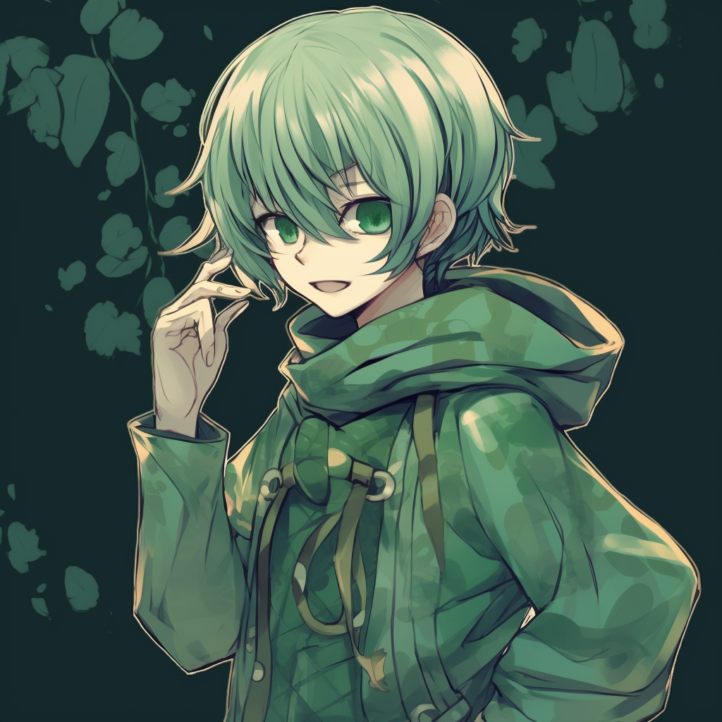 Anime boy with a shimmering green weapon, action pose and high-energy lines. emerald green anime pfp boy