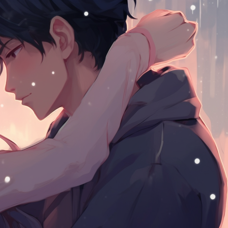 Two characters under a blooming sakura tree, detailed petals floating, soft pastel color scheme romantic matching anime pfp pfp for discord.