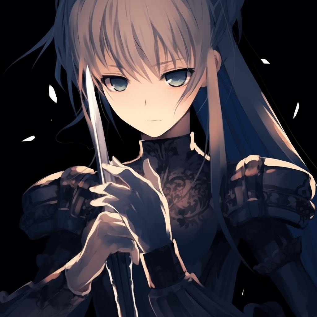Saber in an intense battle pose, dynamic composition and attention to the movement. edgy anime pfp female characters