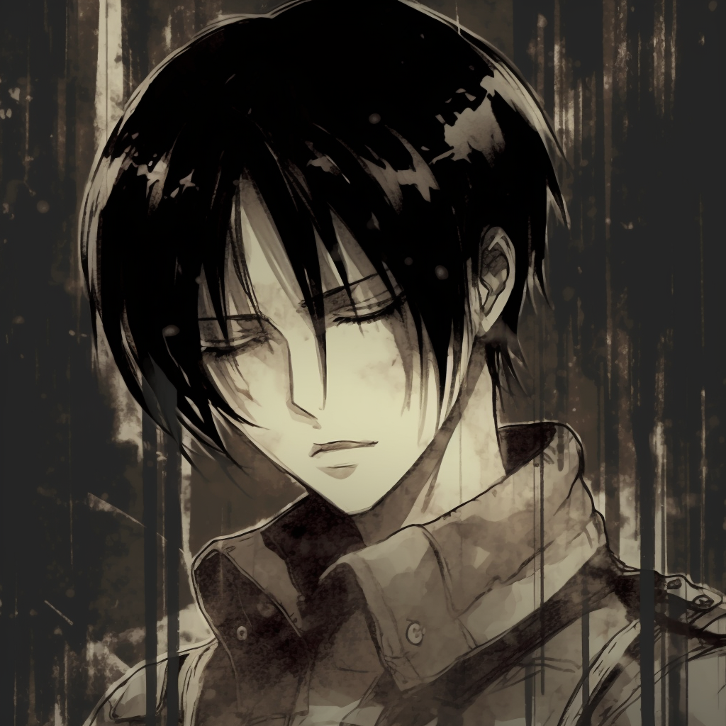 Brooding Levi Ackerman in high contrast, grunge style with intense expressions. edgy grunge anime pfp