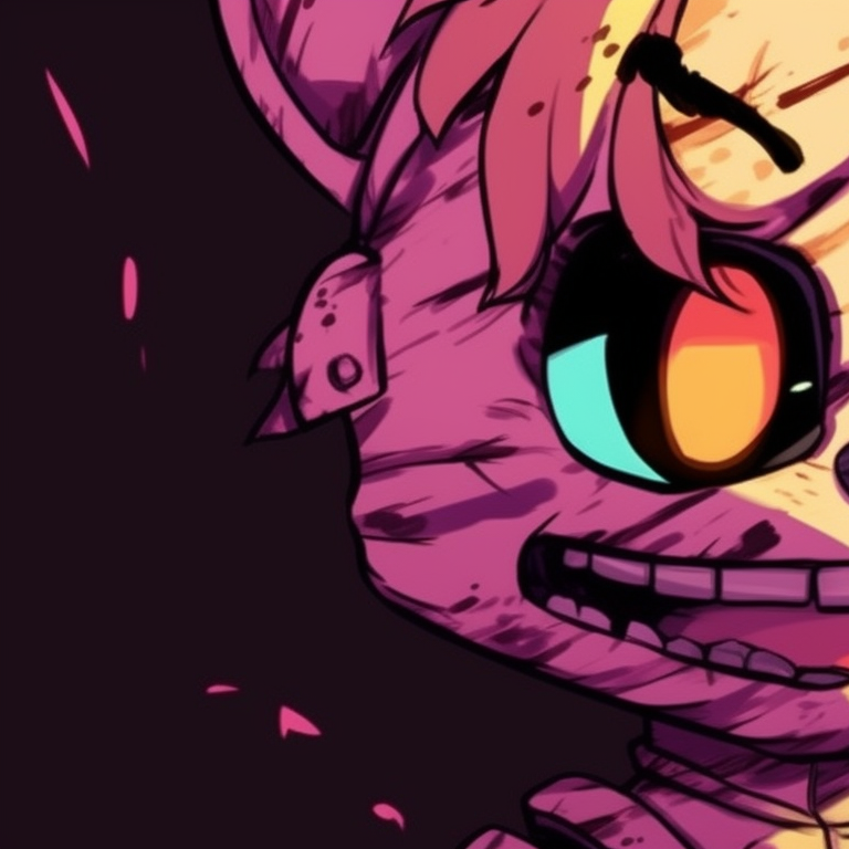 A pair of characters surrounded by eerie lights and objects, grainy outline and dominant purple tones. popular fnaf matching pfp designs pfp for discord.