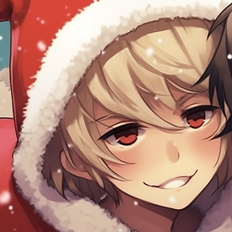 Two anime boys with matching presents, pastel colors, sparkles and soft lines. top matching christmas anime boy pfp pfp for discord.
