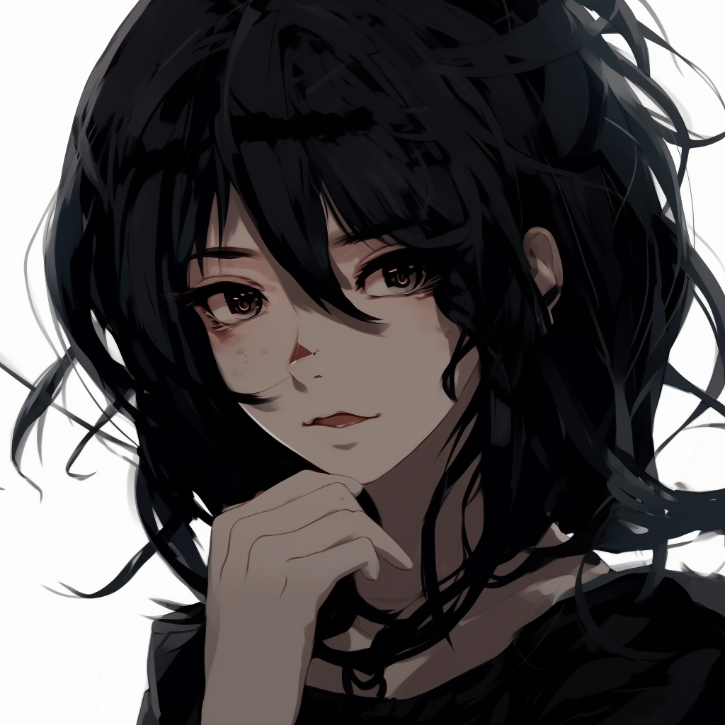 Anime girl with black hair and striking eyes. Art style focuses on delicate linework especially on her hair strands. black pfp anime female characters pfp for discord.