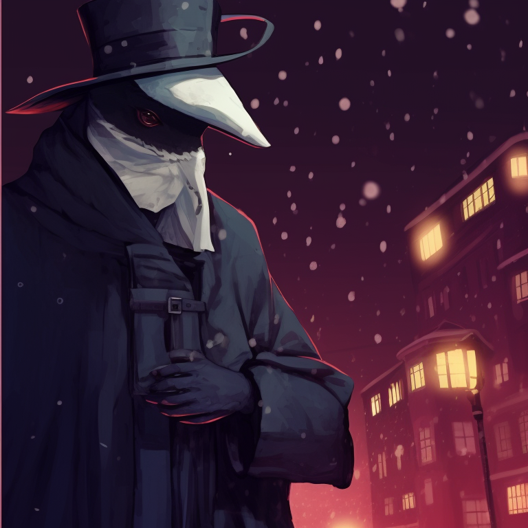 Two characters in plague doctor costumes, under a festoon of Christmas lights, faces partially covered with intricate, metallic masks, in front of a roaring fireplace. matching plague doctor pfp christmas edition pfp for discord.
