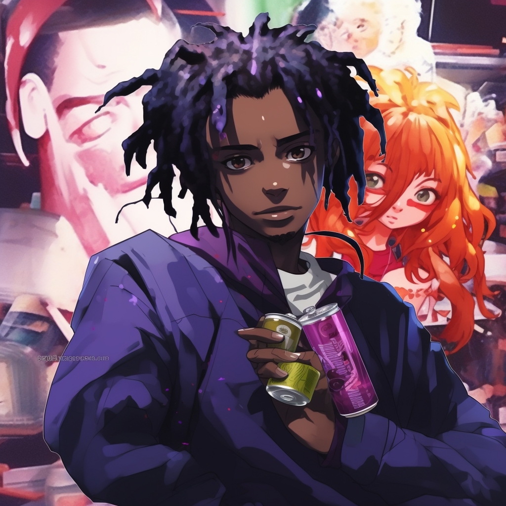 Playboi Carti depicted as a typical Shōnen protagonist, vibrant colors and dynamic pose. otaku art: playboi carti anime pfp