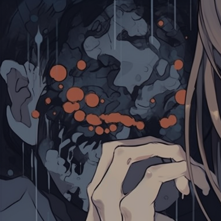 Two characters with covered eyes, dark tones and complex patterns pfp matching anime characters pfp for discord.