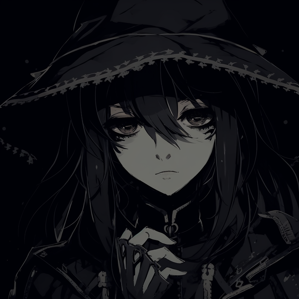 Mage character cloaked in darkness, structured hat with ornate patterns, and heavy Gothic style shadowing. anime pfp dark with gothic style pfp for discord.