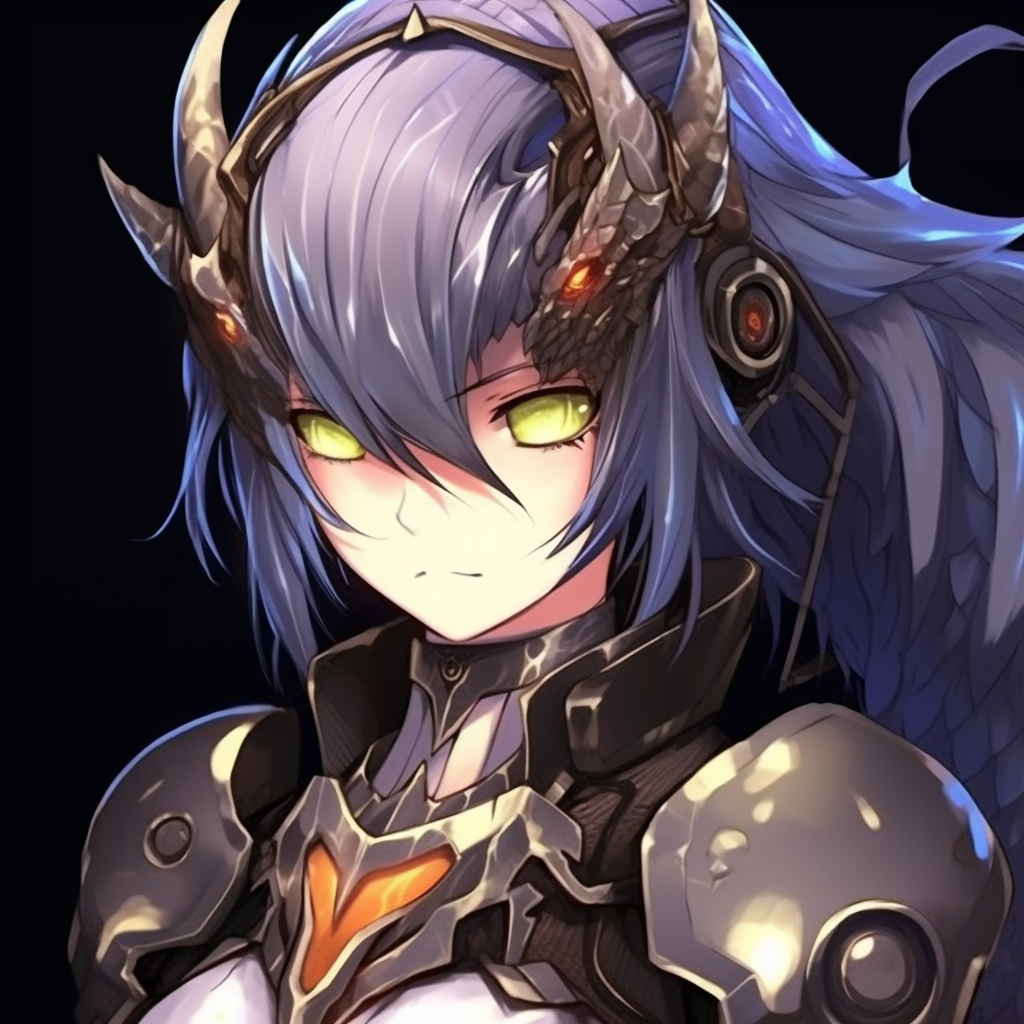 A front view of a dragon guardian anime character, showcasing detailed armour and piercing eyes. 512x512 anime pfp fantasy