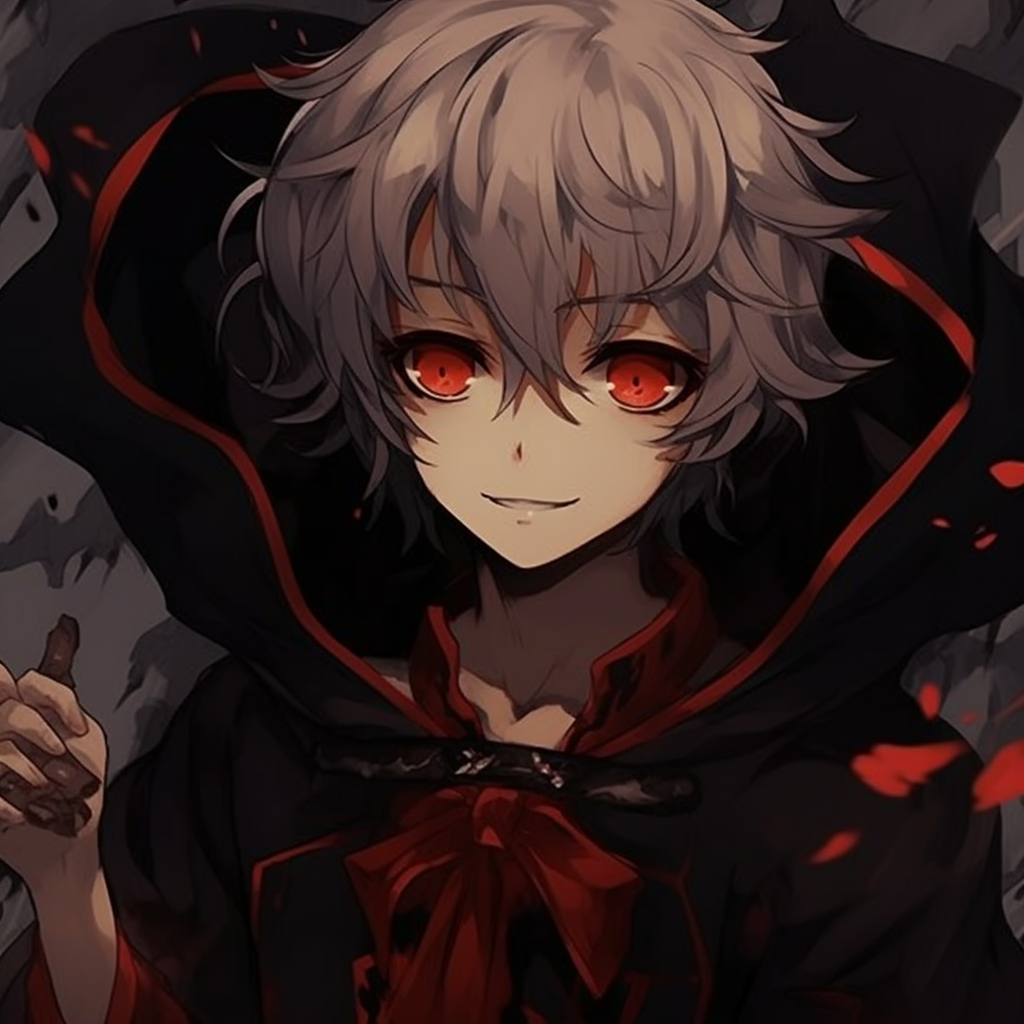 Anime boy as a vampire, characterized by sharp fangs, red eyes, and rich crimson hues. halloween pfp anime boys