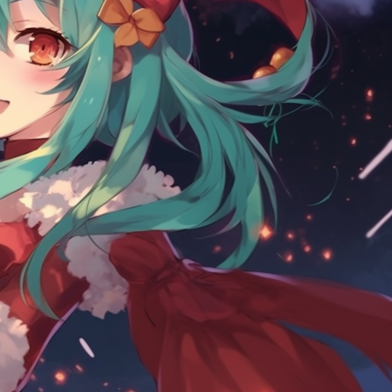 Two characters in Christmas themed clothes, sharing a microphone and singing together. engaging matching hatsune miku christmas pfp designs pfp for discord.