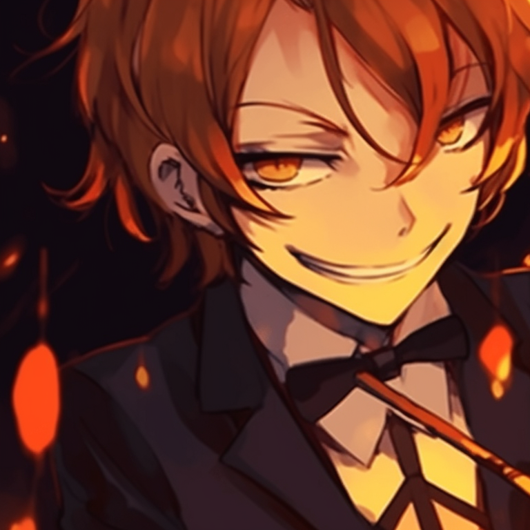 Dazai and Chuuya, featuring candy corn colors - orange, yellow and white, with their costumes matching the background. dazai and chuuya anime art halloween pfp for discord.