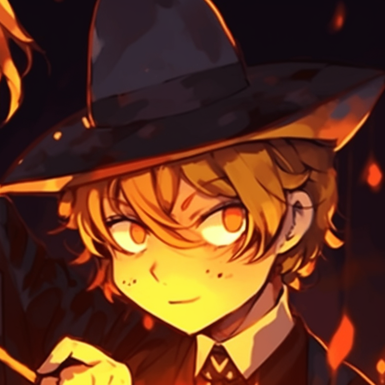 Dazai and Chuuya, featuring candy corn colors - orange, yellow and white, with their costumes matching the background. dazai and chuuya anime art halloween pfp for discord.