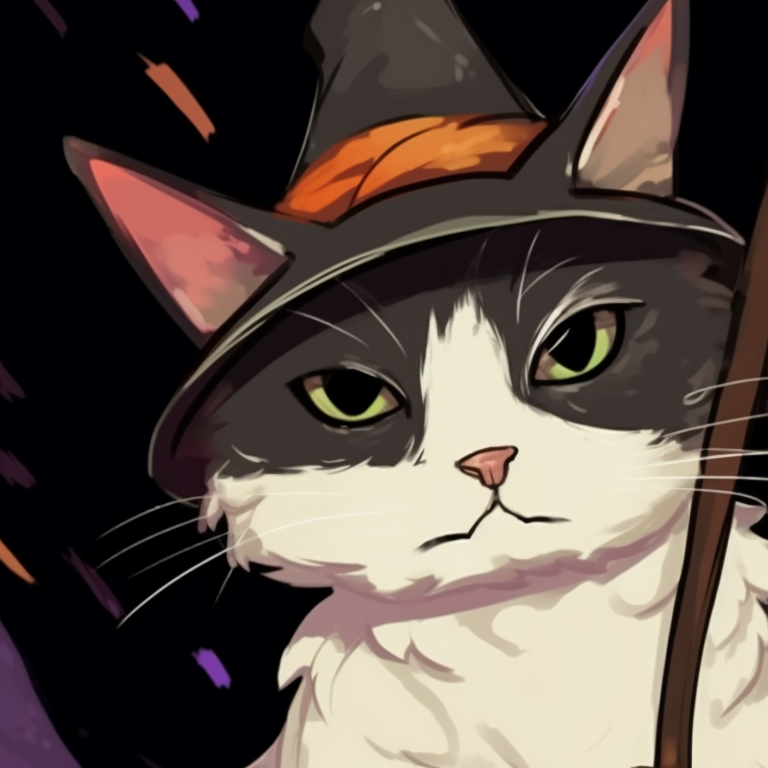 Close-up of two cat characters, details include haunting backgrounds and intense expressions. matching halloween theme cat pfp pfp for discord.
