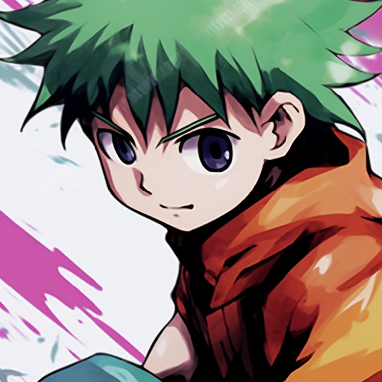 Gon and Killua standing shoulder-to-shoulder, muted colours and striking outlines. manga gon and killua matching pfp pfp for discord.