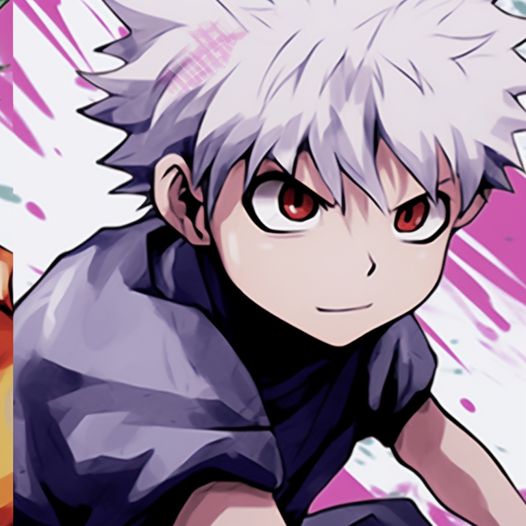 Gon and Killua standing shoulder-to-shoulder, muted colours and striking outlines. manga gon and killua matching pfp pfp for discord.