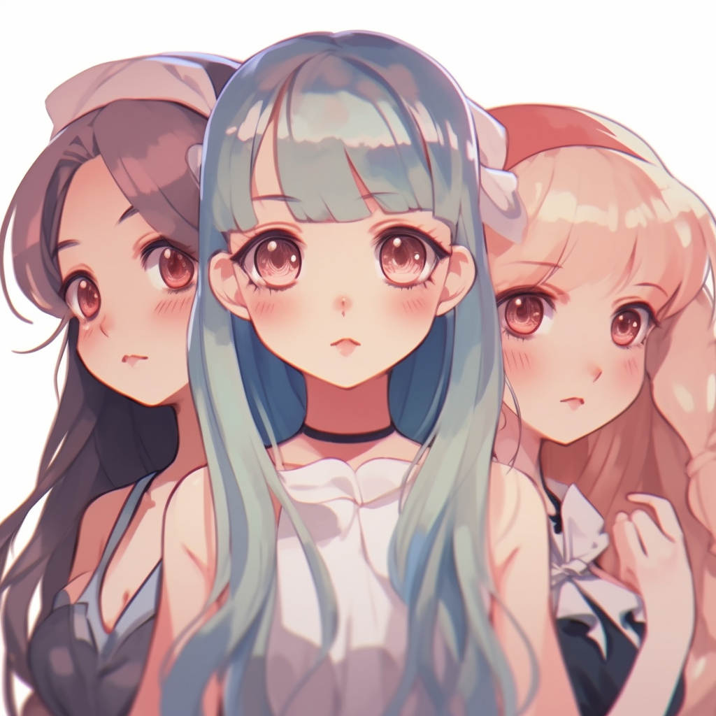 Anime girls in a group, uniform colors and differing hairstyles. anime pfp girl trio pfp for discord.
