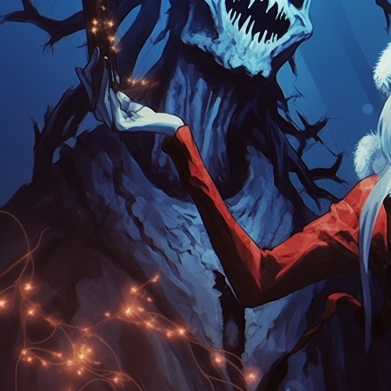 A twisted portrayal of Santa and an elf, drawn with sharp contrasts and icy hues. matching scary christmas pfp supernatural creatures pfp for discord.