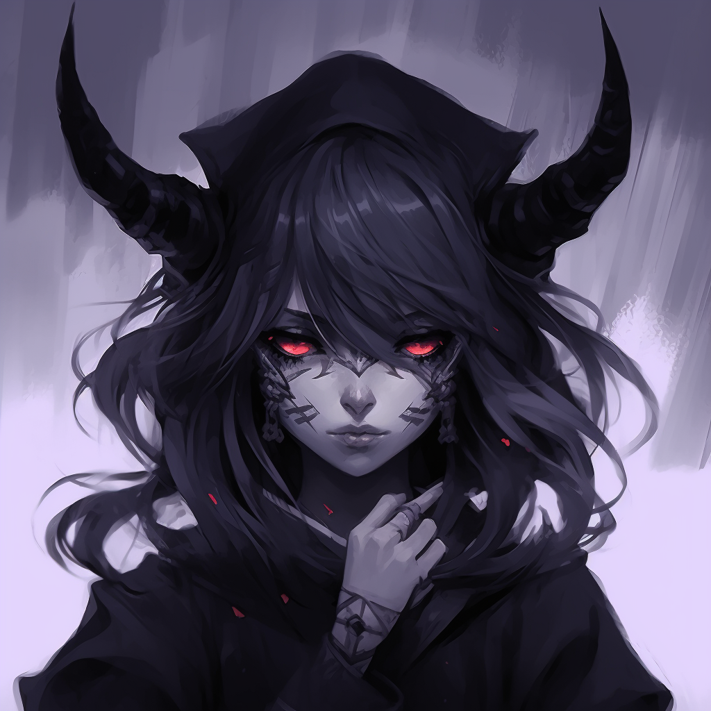 A demonic girl shrouded in shadows, with sharp lines and dark tones. anime demon girl pfp ideas pfp for discord.