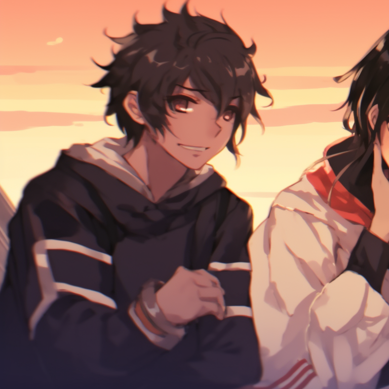 Four characters gazing at the same horizon, subtle colors and shared camaraderie. boyish matching pfp for 4 friends pfp for discord.