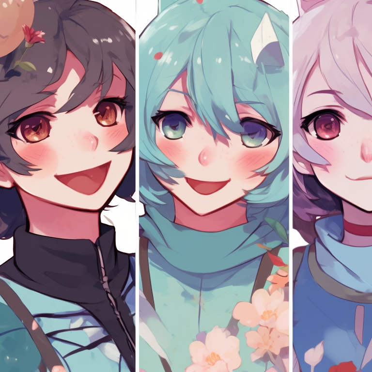 Four characters under a starry night, blue tones and hopeful expressions. creative matching pfp for 4 friends pfp for discord.