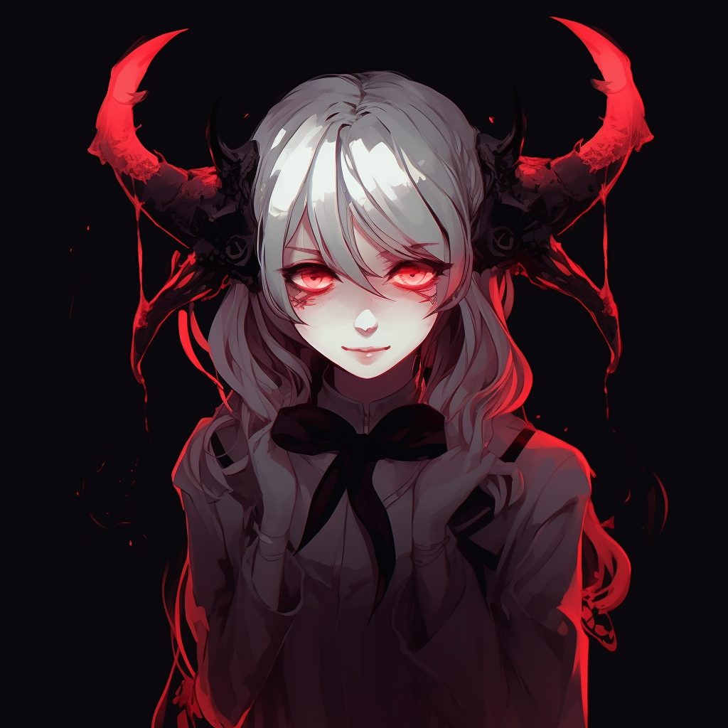 Close-up shot of a demonic anime girl's eyes, strong contrast of sharp red eyes against dark backgrounds. girls' demonic anime pfp pfp for discord.