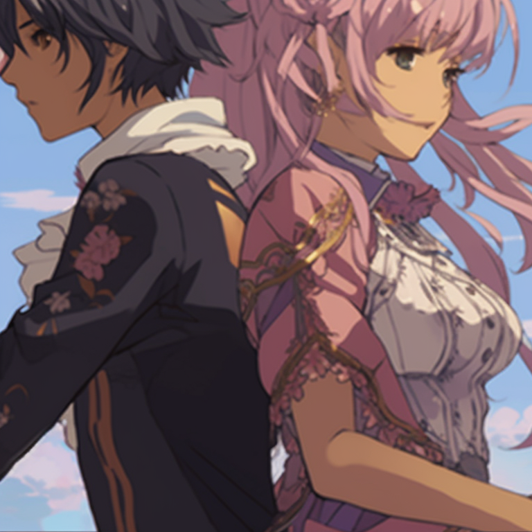 Two characters under a cherry blossom tree, vivid colors and gentle smiles. amazing girl x girl matching gif pfp pfp for discord.