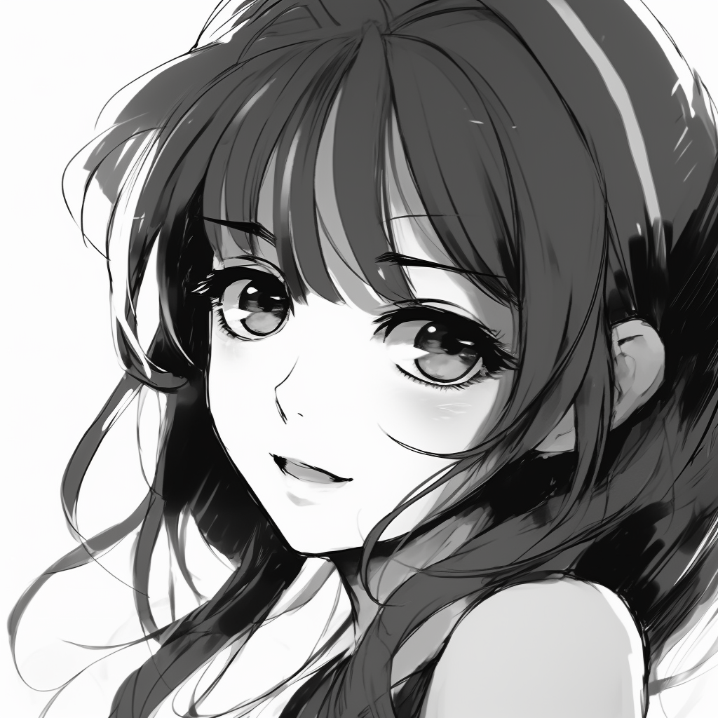 Cute semi-profile image of an anime girl, accentuating her cheeky expression with focused eye details. anime profile picture black and white female