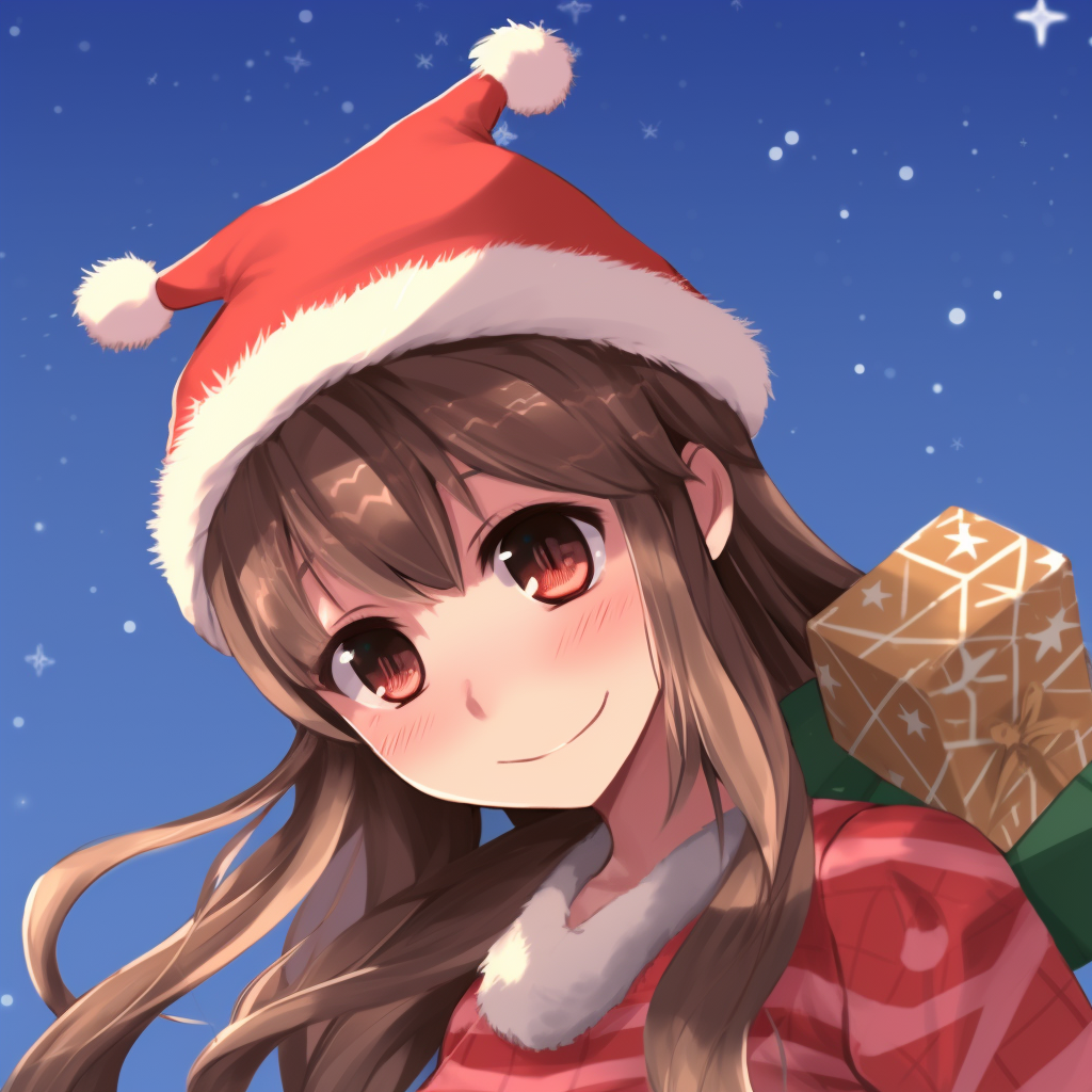 Anime couple dressed in holiday attire with reindeer antler headbands, wintery art style with popping colors. couple based anime christmas pfp