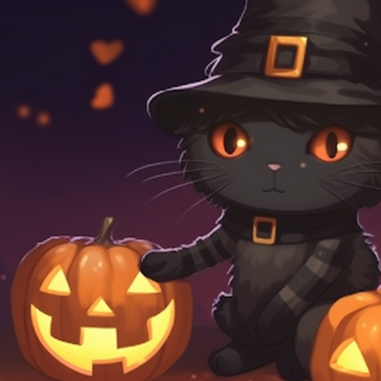 Two feline characters, illuminated by the moon, eerie background with carved pumpkins. cat pfp in halloween theme pfp for discord.