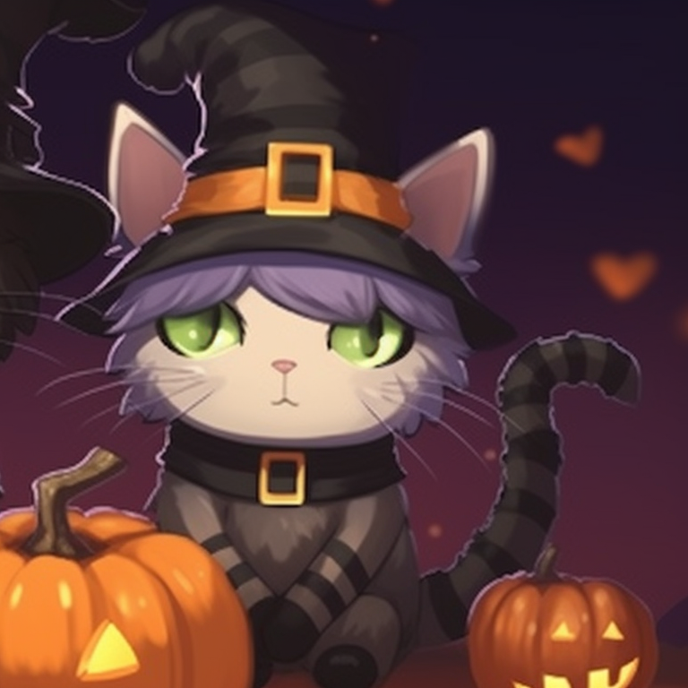 Two feline characters, illuminated by the moon, eerie background with carved pumpkins. cat pfp in halloween theme pfp for discord.