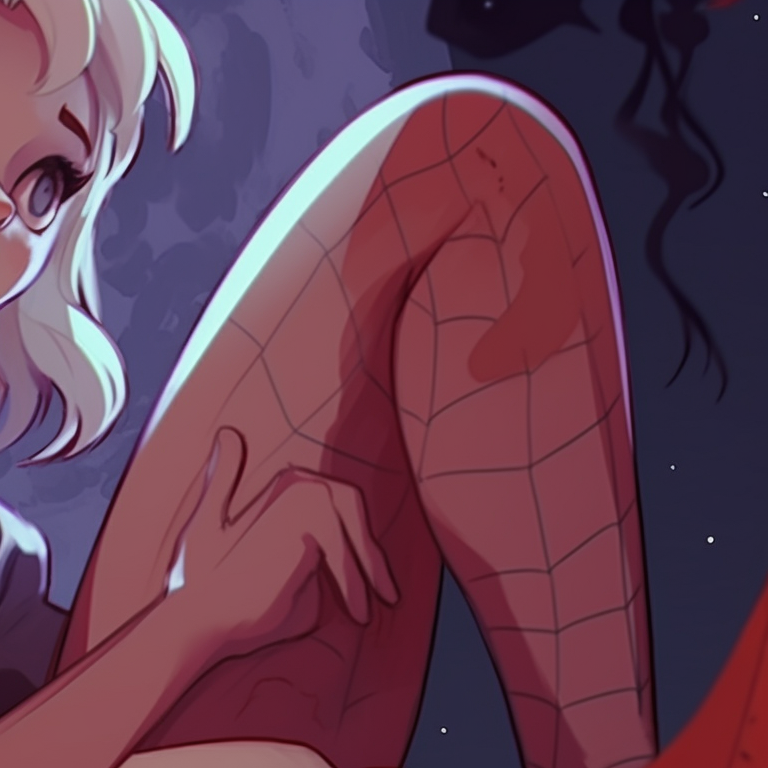 Gwen and Miles under a full moon, colors are cooler tones, giving a serene ambiance. gwen and miles in an upside down halloween universe pfp for discord.