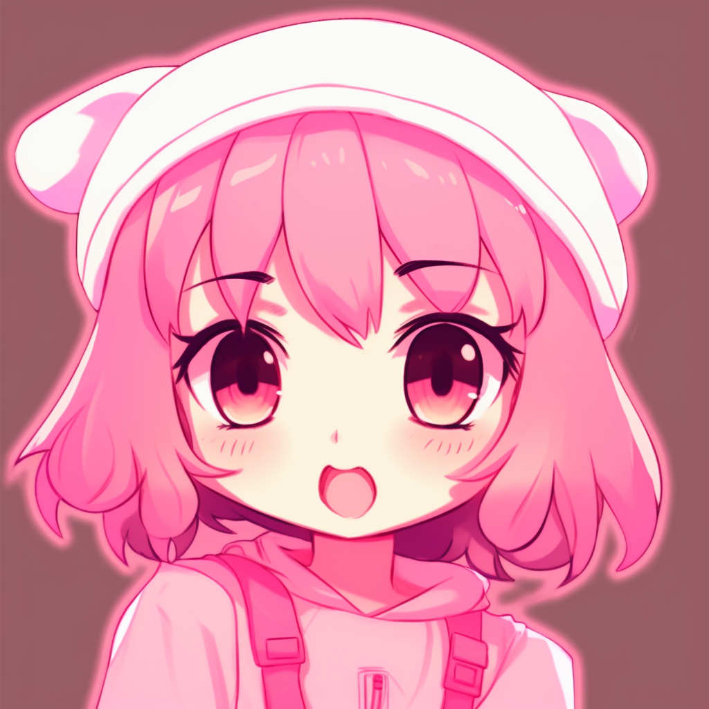 A chibi anime character portrayed in bright pink tones, distinctive large eyes. trendy pink anime pfp designs
