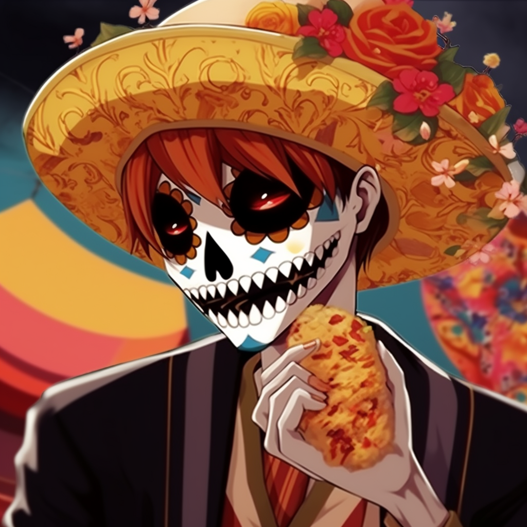 Ichigo wearing a skull mask, focused on intense expressions and dramatic shadows. mexican anime pfp arts pfp for discord.