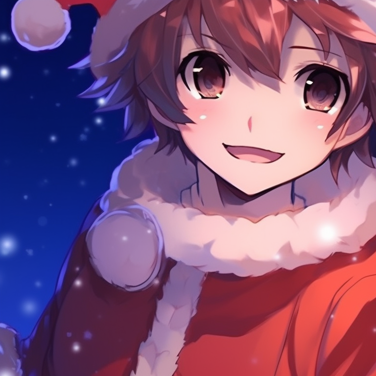 Two characters holding each other, snowfall setting and soft color palette. holiday themed matching christmas pfp for discord pfp for discord.