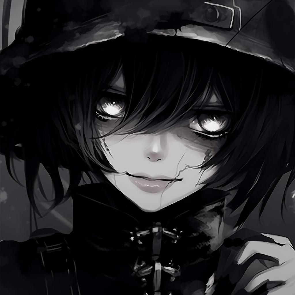 Anime boy in gothic attire and hat, emphasizing on the color contrasts and thick lines. goth pfp for anime boys