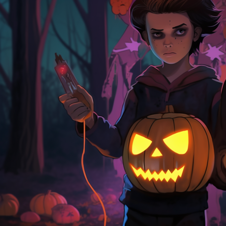 Joyce Byers and Hopper, holding matching Jack-o-Lanterns, with a dark and spooky background. stranger things matching pfp featuring halloween theme concept pfp for discord.