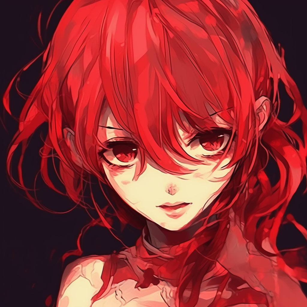Close-up portrait of a redhead anime girl with expressive eyes and rich color palette. beautiful red anime girl pfp