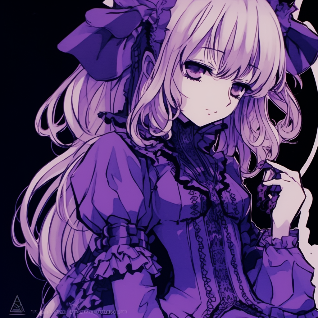 Anime character in Gothic Lolita dress, detailed linework with dominant purple hues unique anime purple pfp concepts pfp for discord.