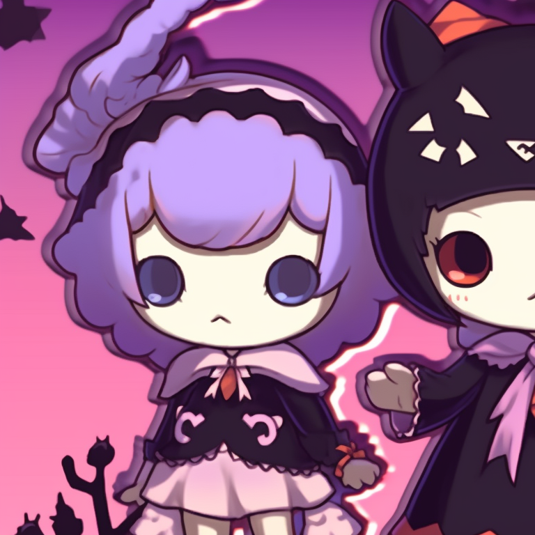 Same characters dressed in Halloween apparel, gradient shading and vibrant colors. kuromi matching pfp halloween theme outfits pfp for discord.
