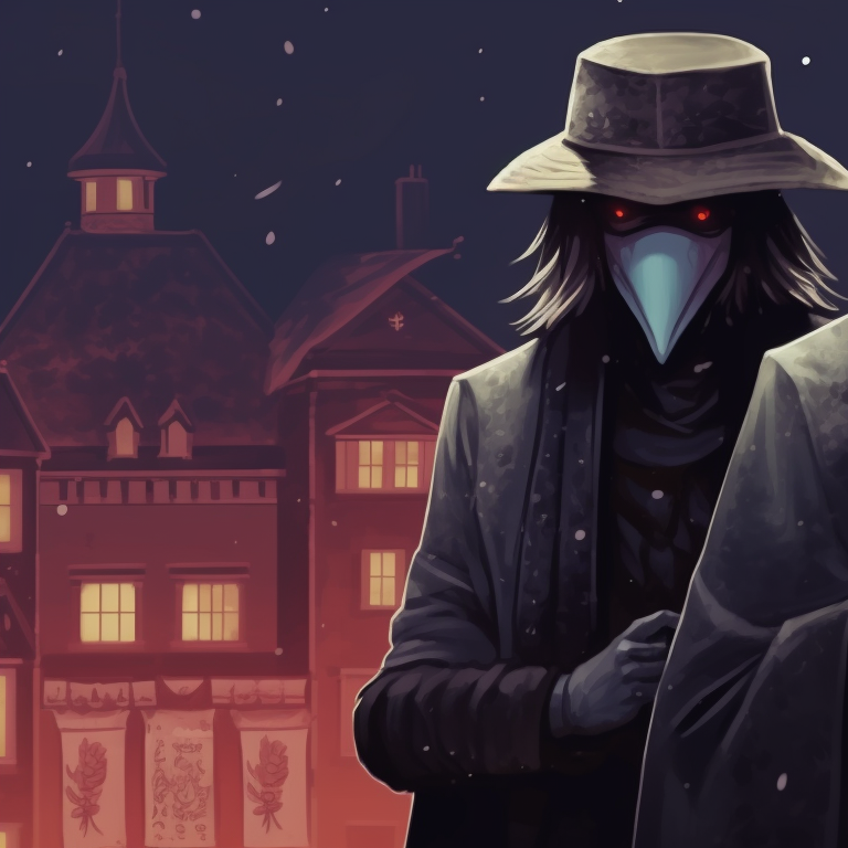 Two characters dressed as plague doctors, vibrant holiday lighting, drinking hot cocoa together. matching plague doctor pfp christmas edition pfp for discord.
