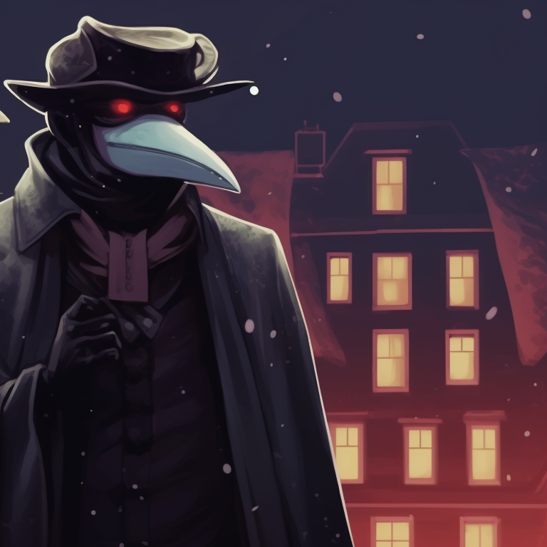 Two characters dressed as plague doctors, vibrant holiday lighting, drinking hot cocoa together. matching plague doctor pfp christmas edition pfp for discord.