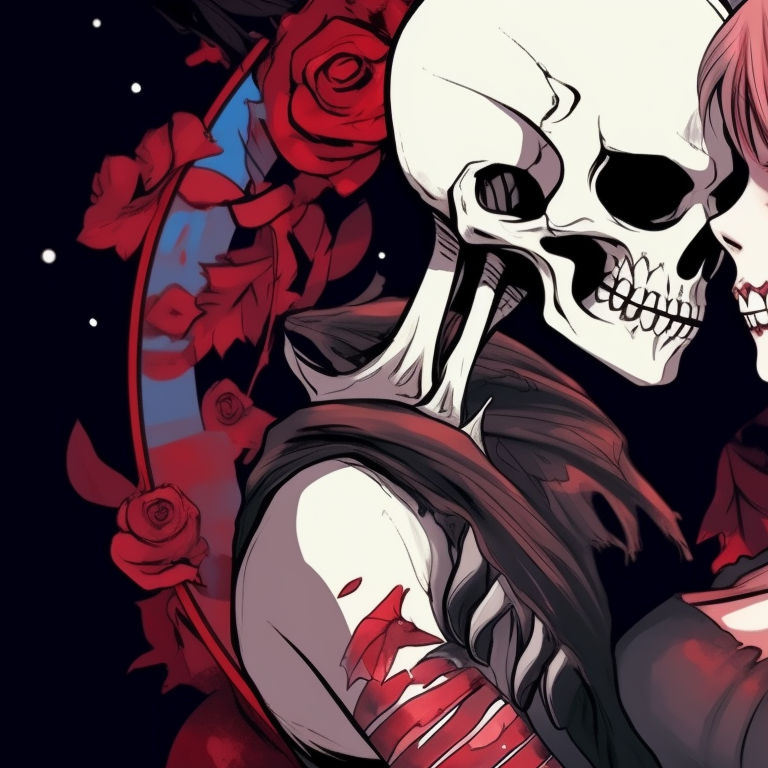 Two festive skeleton characters side by side, kissing under a star-filled night with snowy silhouettes. bone love - matching christmas pfp of skeletons kissing pfp for discord.