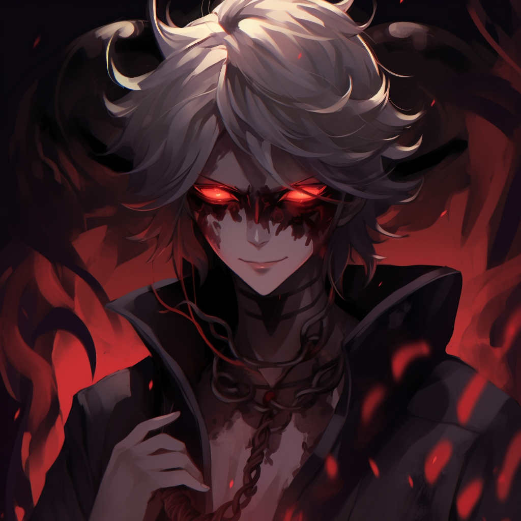 Demon character with distinct horns and surrounded by flames, rich colors and fine lines. prime anime demon pfp pfp for discord.