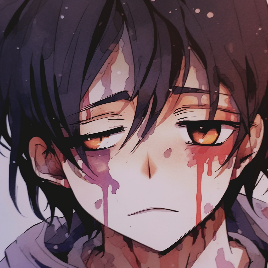 Close up of crying male anime character, strong lines and watercolor-esque technique. crying male anime pfp pfp for discord.