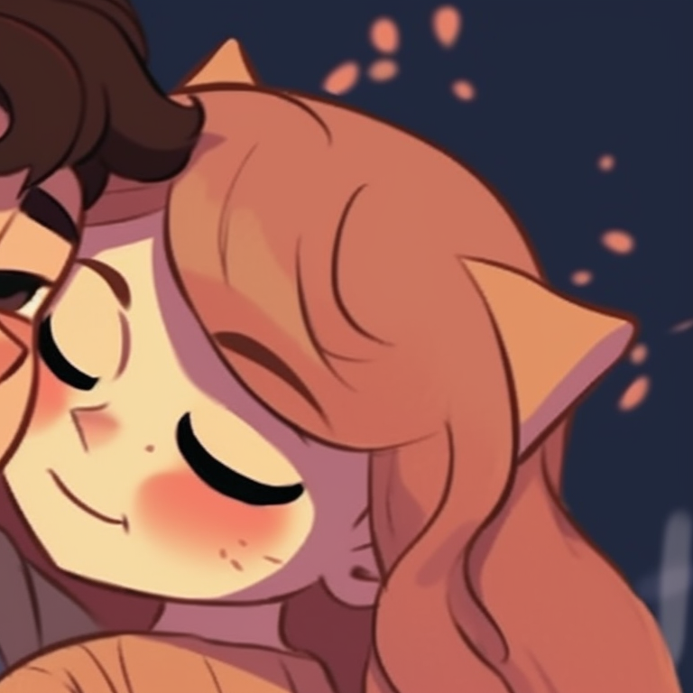 Two characters in a heartfelt embrace, soft lines and earthy color palette. vintage matching pfp for couples cartoon pfp for discord.