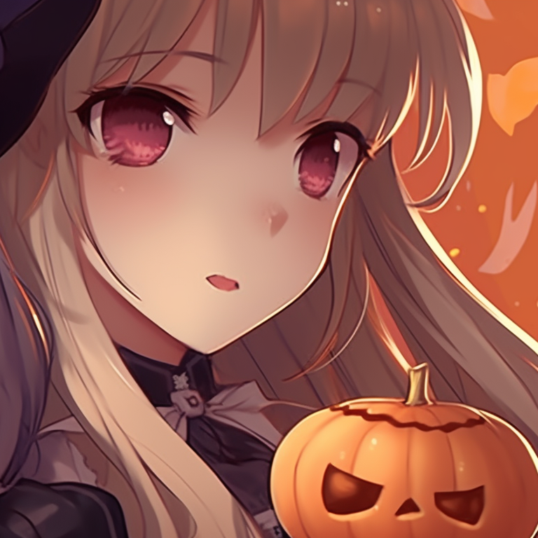 Two characters sporting pumpkin accessories, vibrant pumpkin oranges and spirited expressions. matching bff halloween theme pfp for discord.