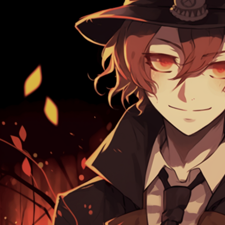 Dazai and Chuuya in masquerade masks, surrounded by an aura of mystery and festive Halloween decorations. dazai chuuya halloween pfp pfp for discord.