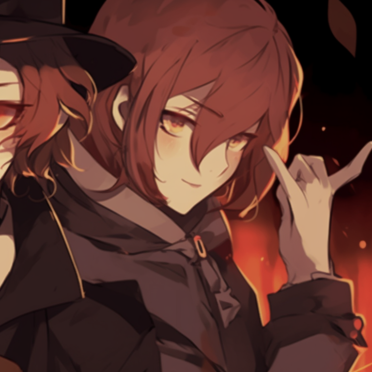 Dazai and Chuuya in masquerade masks, surrounded by an aura of mystery and festive Halloween decorations. dazai chuuya halloween pfp pfp for discord.